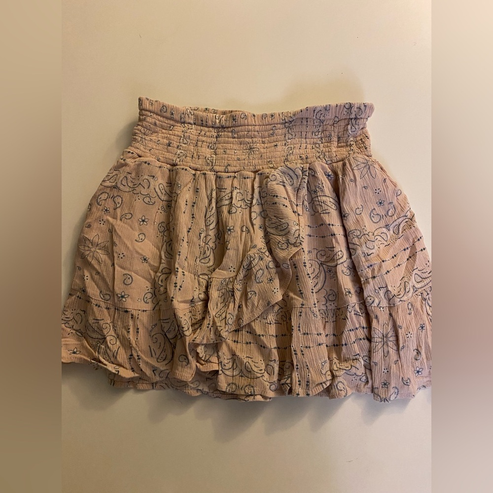 Tan and Cream Bubble Mini Skirt with Smocked Ruffles